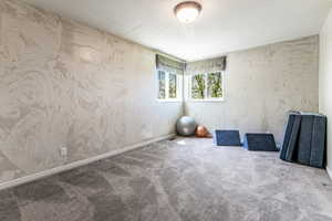 Room with patterned wall finish, two windows with blinds, and light gray carpeting