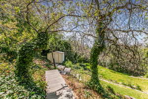 Lush green landscaping with mature trees