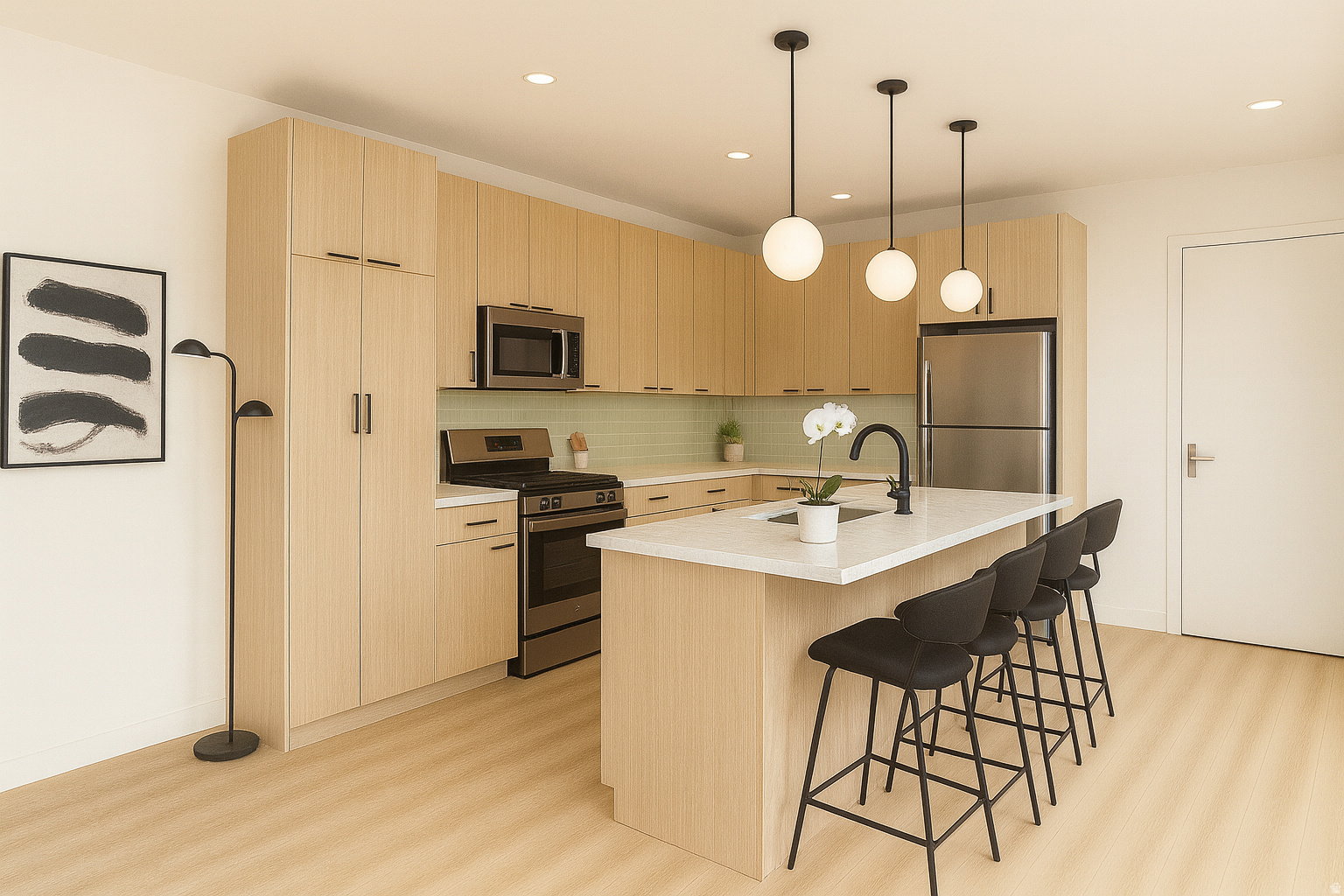 Modern kitchen featuring light wood-finish cabinetry, stainless steel appliances, a light-toned countertop island with seating, a pale green tile backsplash, and recessed lighting