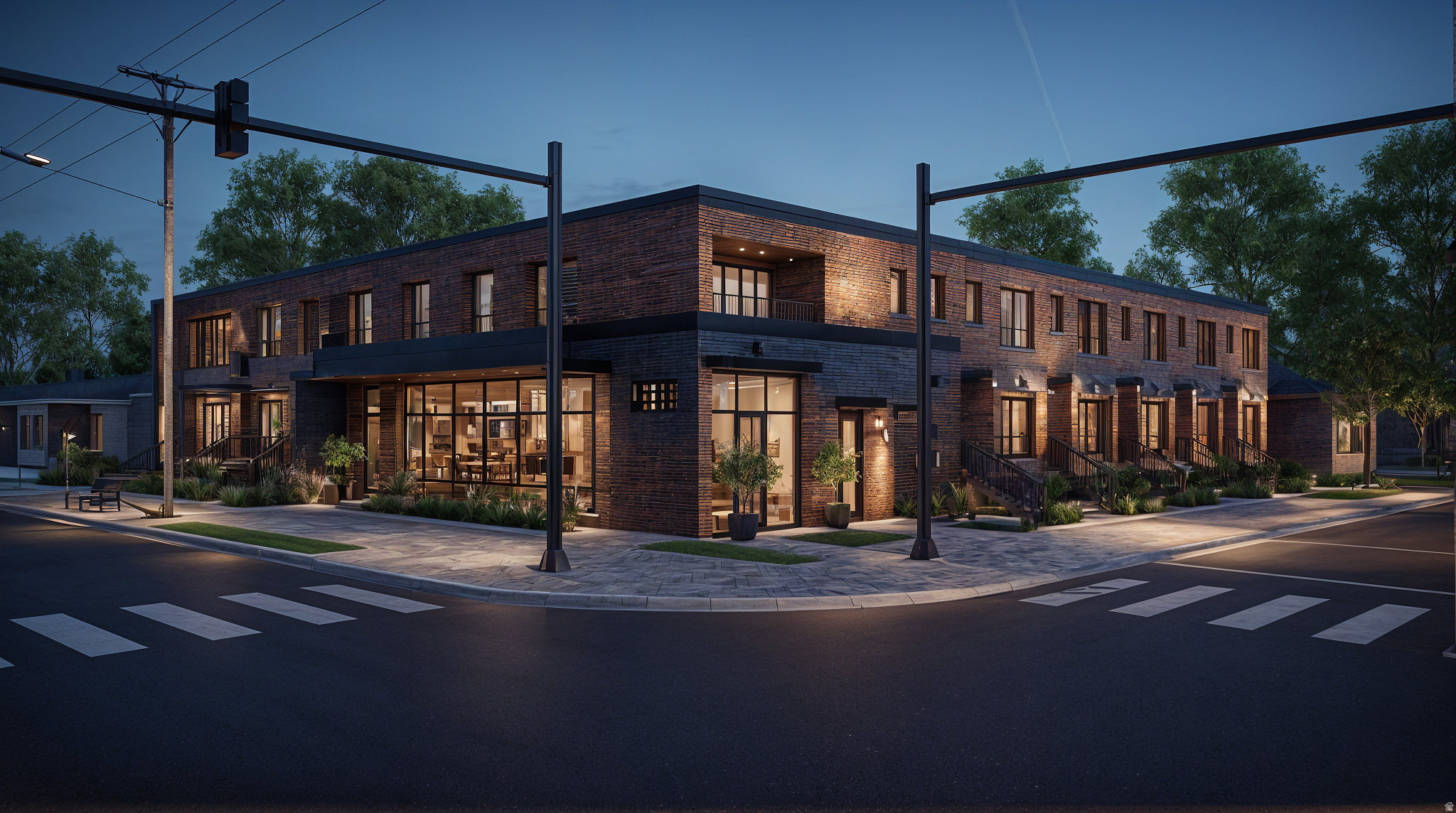 Modern mixed-use building featuring brick and dark-paneled facades, expansive ground-floor windows, multiple entryways, and integrated exterior lighting