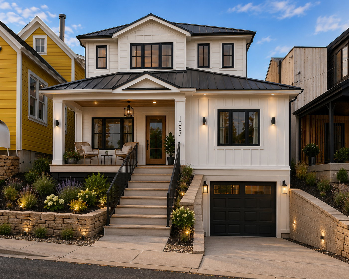Modern farmhouse exterior featuring white vertical siding and black-frame windows