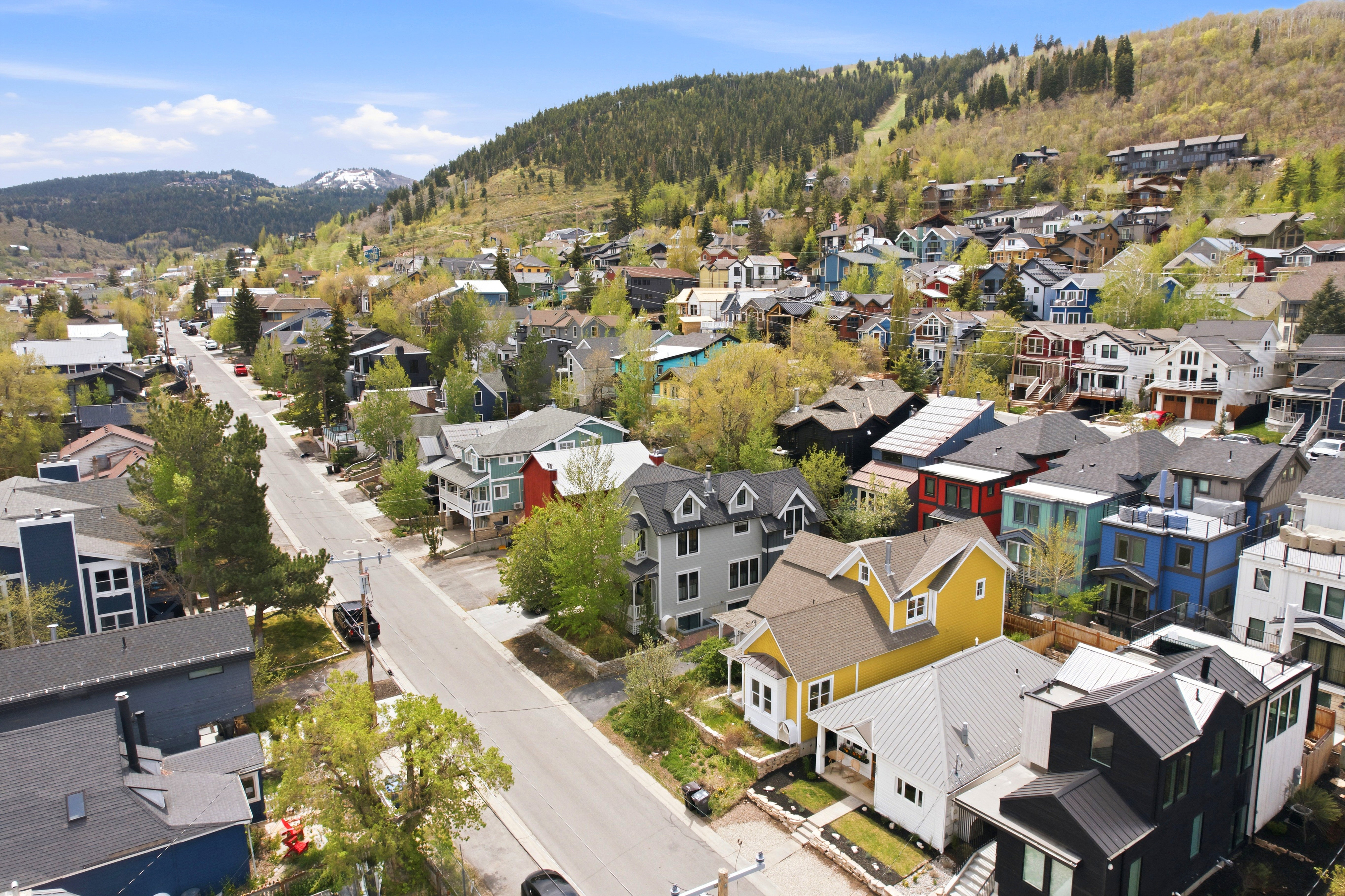 Streetscape featuring a variety of architectural styles, mature trees, and mountainous terrain in the background