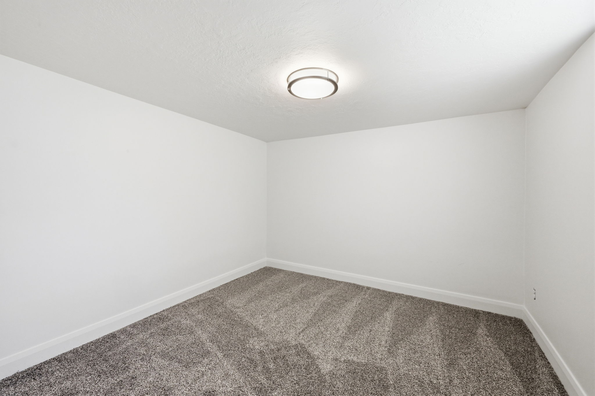 Compact room featuring neutral gray carpeting and white walls