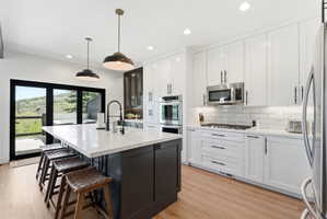 Gourmet kitchen featuring a substantial island with seating, stainless steel appliances, white subway tile backsplash, and wood-finish flooring