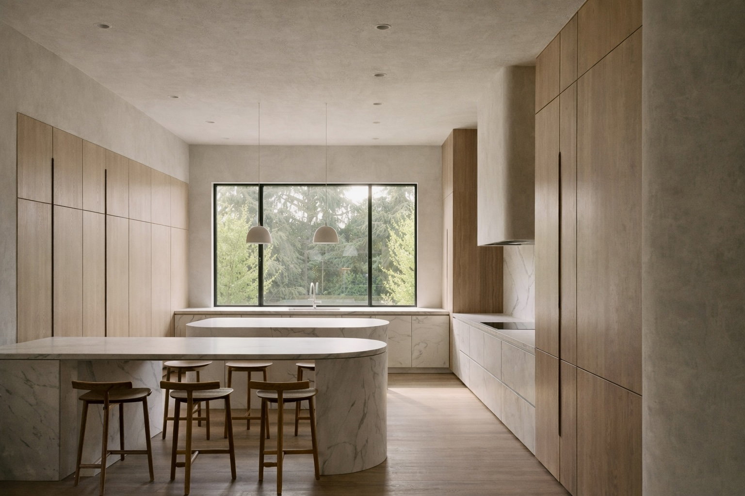 Kitchen featuring light wood-finish cabinetry, curved stone islands, integrated appliances, and a large picture window