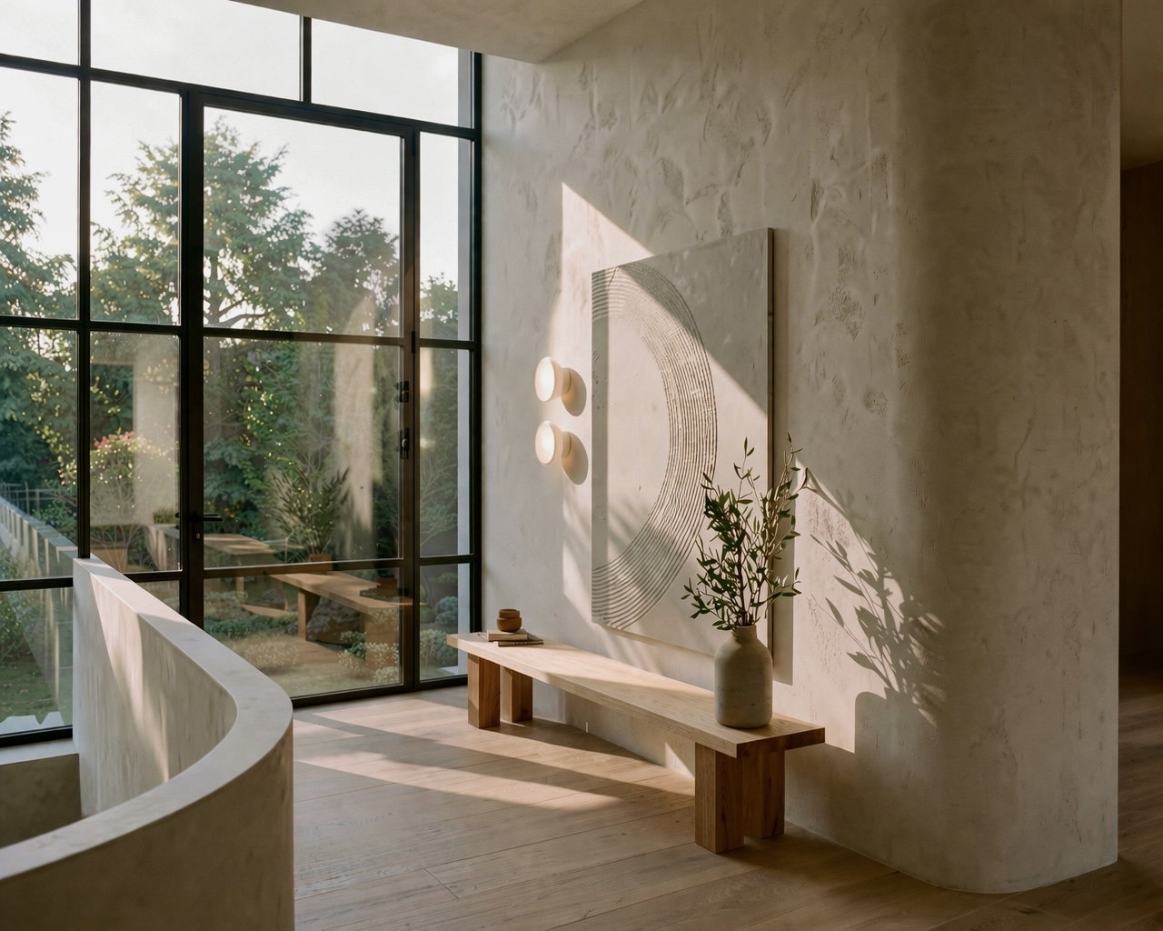 Two-story window wall with dark framing, curved plaster walls, and light wood-finish flooring