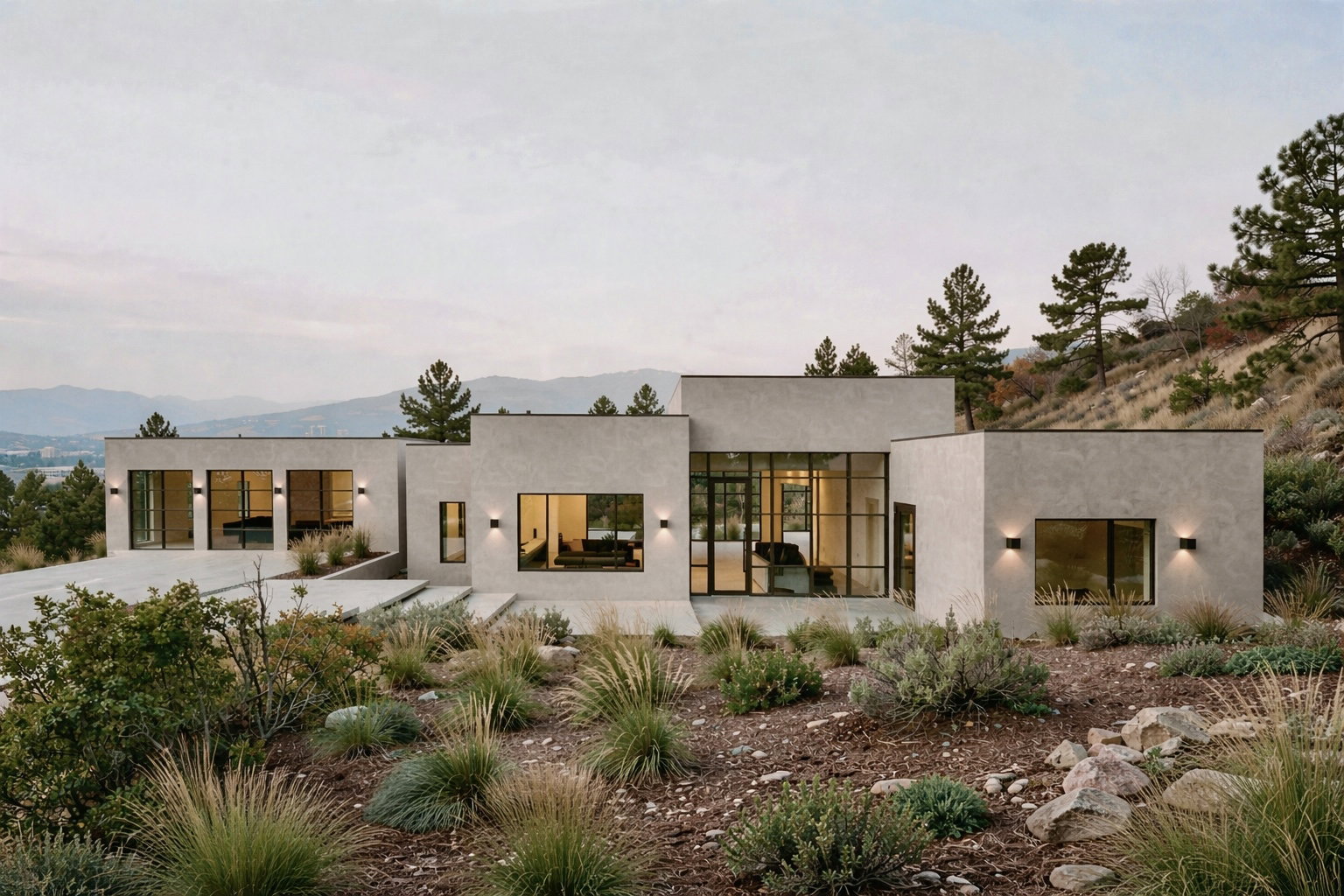 Contemporary stucco exterior featuring expansive black-framed windows and modern exterior lighting