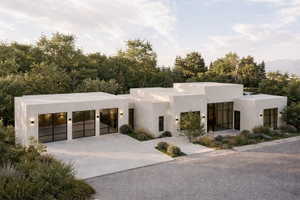 Contemporary stucco exterior with a flat roofline, featuring a three-car garage with black-framed glass doors