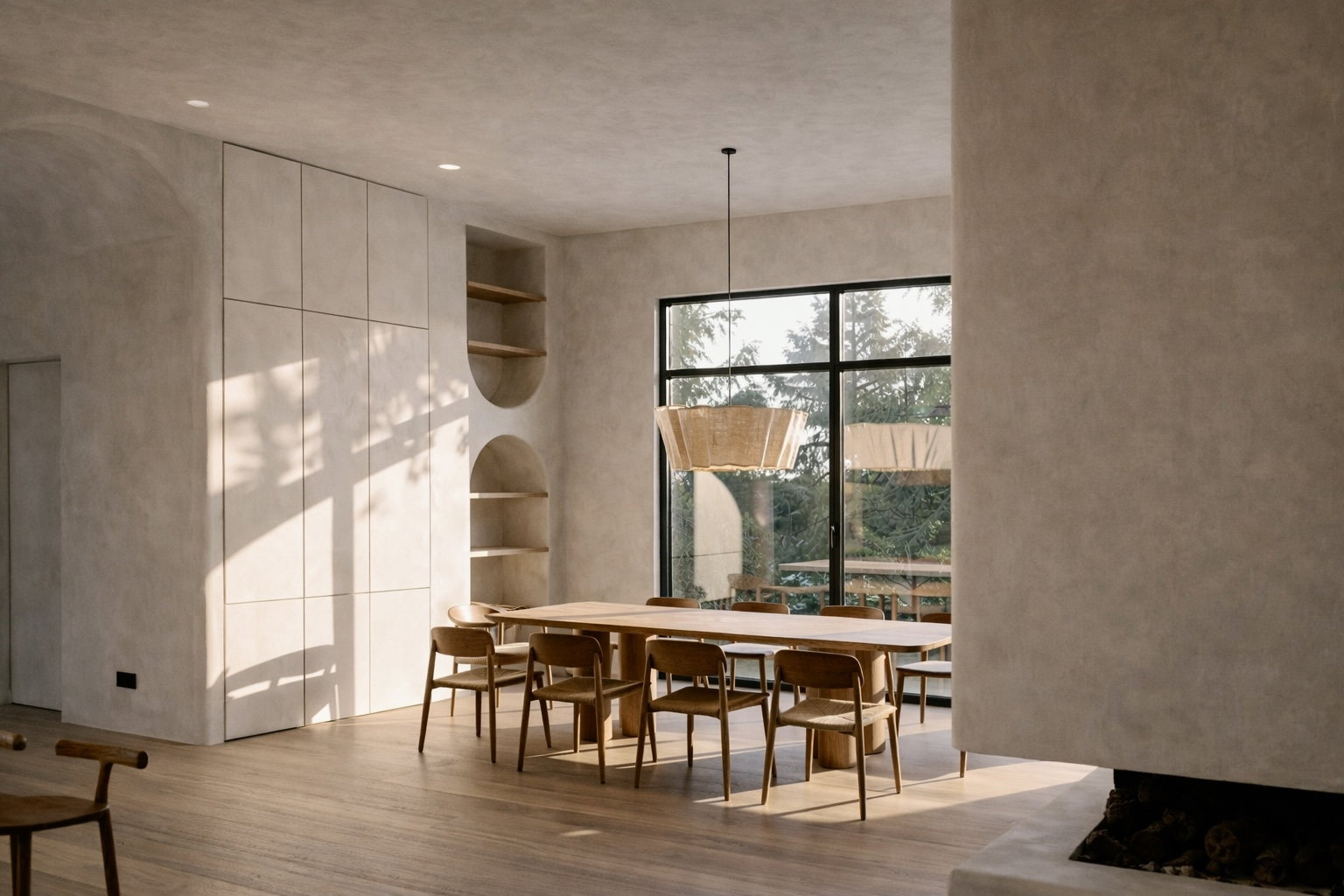 Expansive dining area featuring a wood-finish floor and textured plaster walls