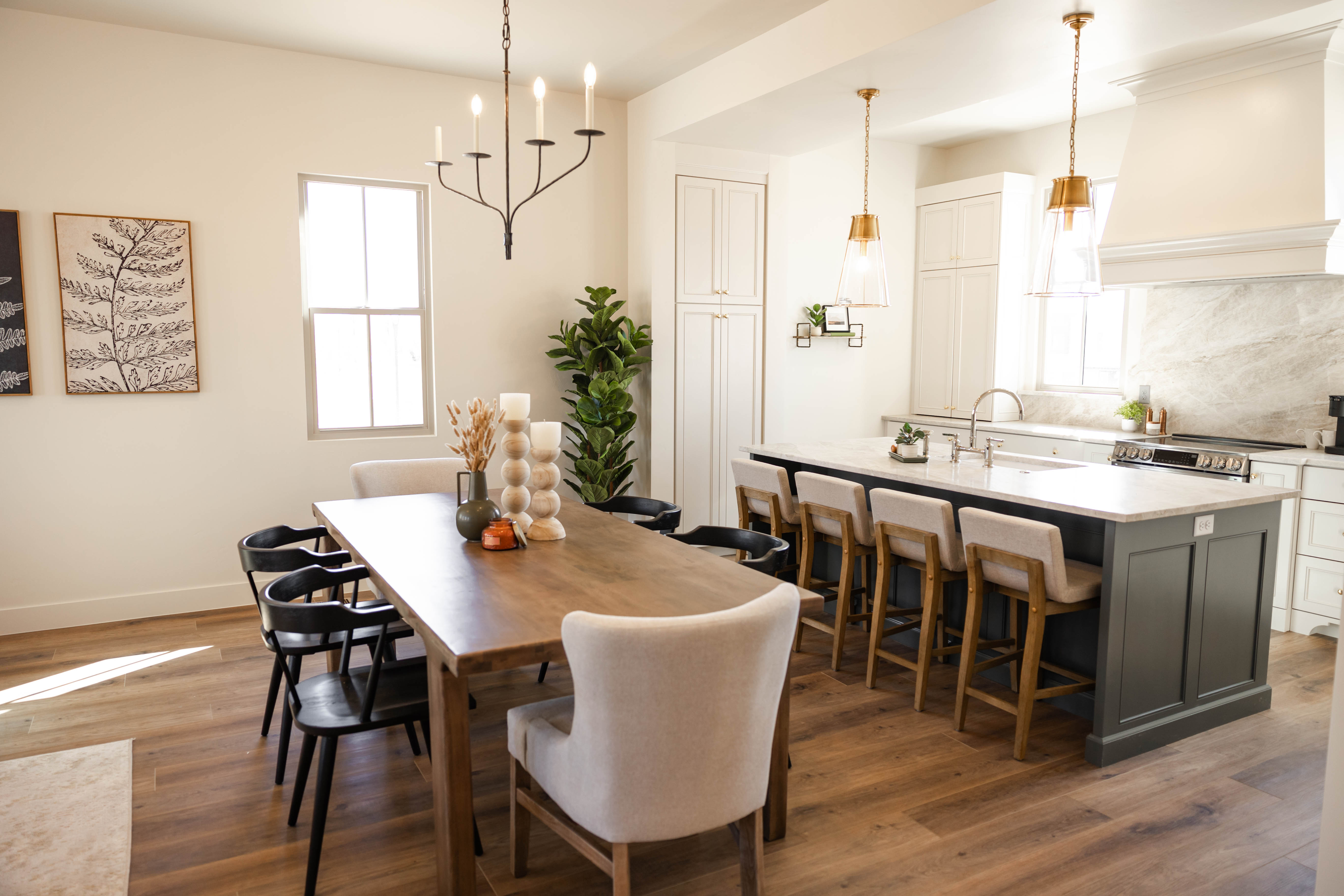Open-concept living space with wood-finish flooring