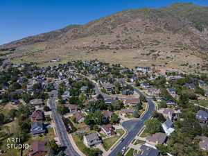 Residential neighborhood featuring established homes and mature landscaping with a prominent mountain backdrop