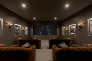 Dedicated home theater featuring a large screen, recessed ceiling lighting, wall sconces, and framed wall art