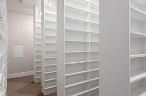 Extensive built-in shelving providing abundant storage capacity