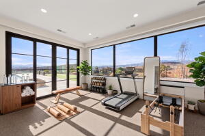 Spacious room featuring floor-to-ceiling black-framed windows, recessed lighting, and light-toned carpeting