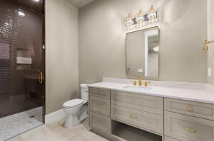 Spacious bathroom featuring a glass-enclosed shower with dark tile, a light-colored vanity with ample storage, a white countertop, and gold-finish fixtures