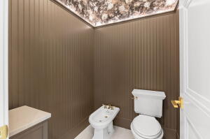 Bathroom featuring vertical paneling, a marble-effect ceiling, and a white toilet
