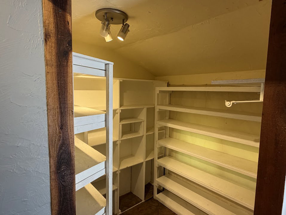 Walk-in storage area with extensive built-in shelving, track lighting, and a garment rod