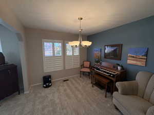 Carpeted room featuring a ceiling-mounted light fixture, two windows with white plantation shutters, and a contrasting accent wall