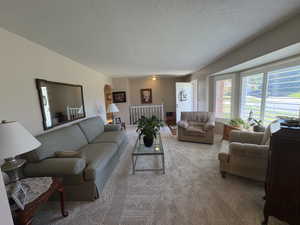 Living area featuring neutral wall tones, textured carpeting, a bay window with plantation shutters, a glass-top coffee table, and an arched doorway