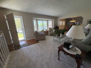 Living area featuring carpeting, bay windows, wood-finish flooring at the entry, and an arched doorway