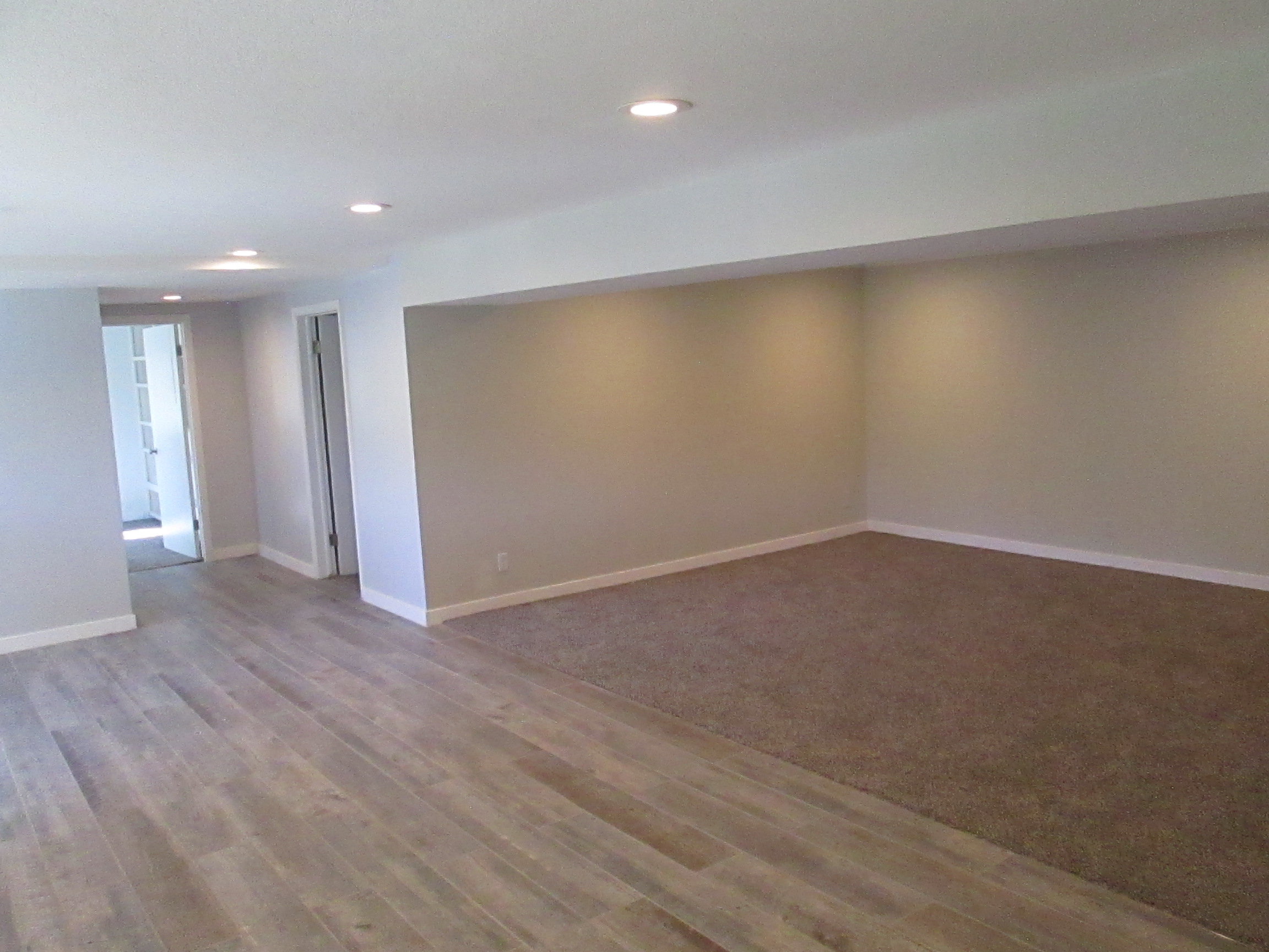 Spacious room featuring light wood-finish flooring, a plush carpeted area, recessed lighting, and neutral wall tones