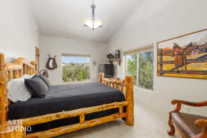 Vaulted ceiling bedroom with abundant natural light from multiple windows