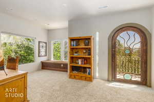 Arched wooden door with decorative metalwork and glass accents
