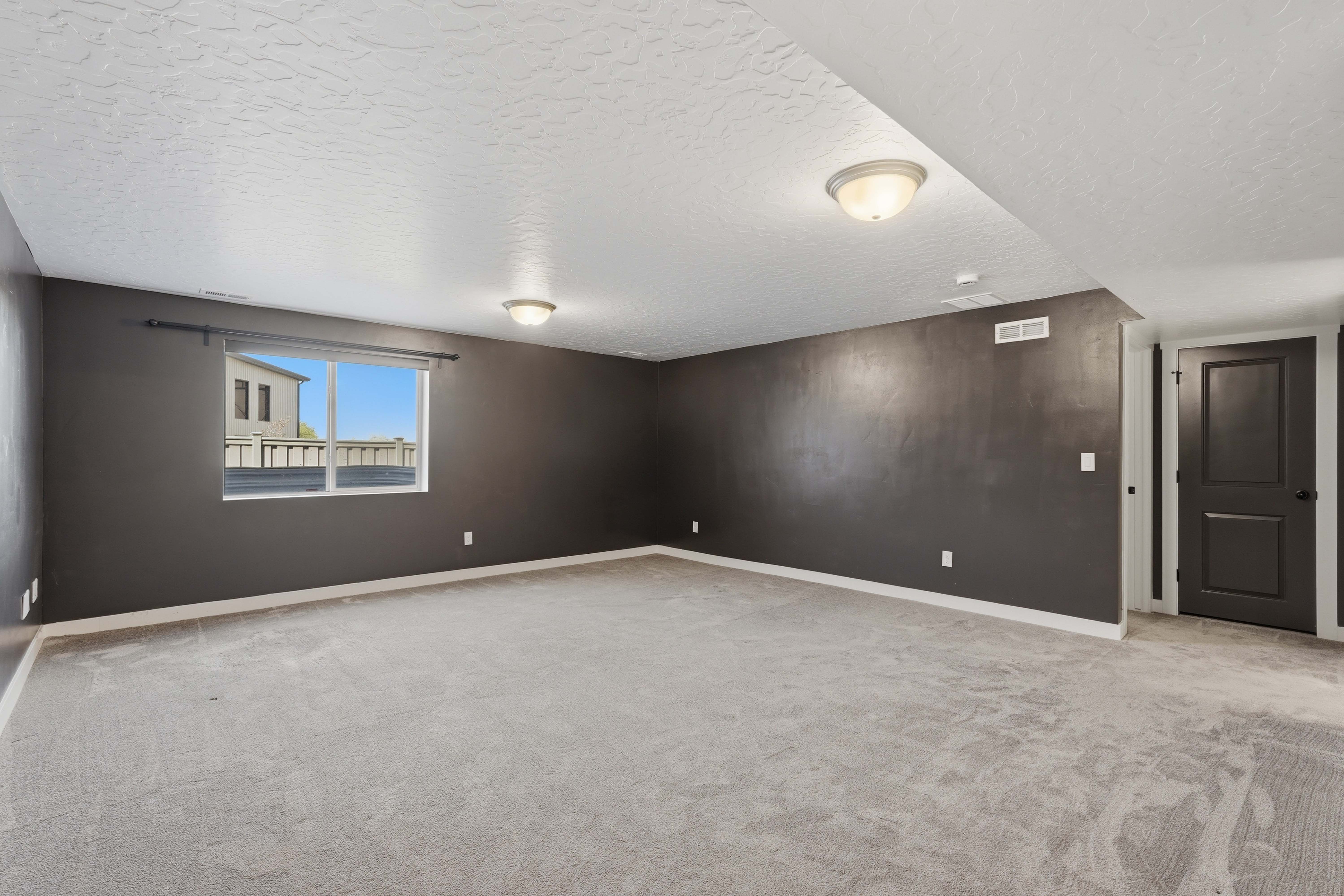 Spacious room featuring neutral gray carpeting, a large window with white trim, dark painted walls, and two flush-mount ceiling lights