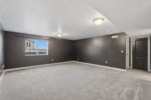 Spacious room featuring neutral gray carpeting, a large window with white trim, dark painted walls, and two flush-mount ceiling lights