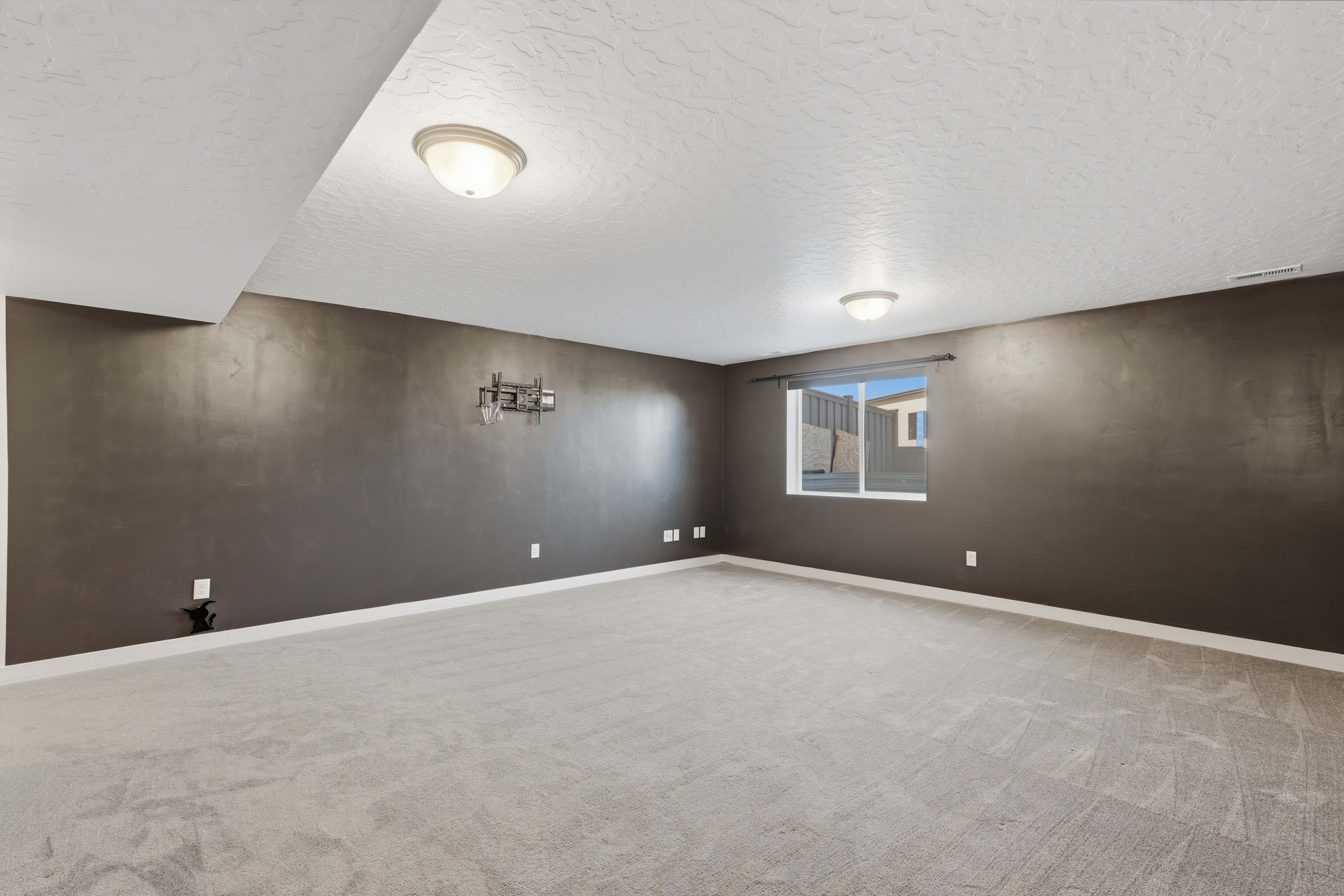 Spacious room featuring neutral carpeting, a large window, and overhead flush-mount lighting fixtures