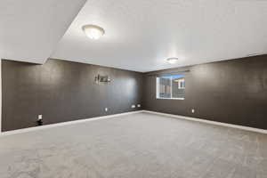 Spacious room featuring neutral carpeting, a large window, and overhead flush-mount lighting fixtures