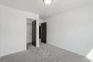 Bright room featuring light gray carpet, white walls, and dark paneled interior doors