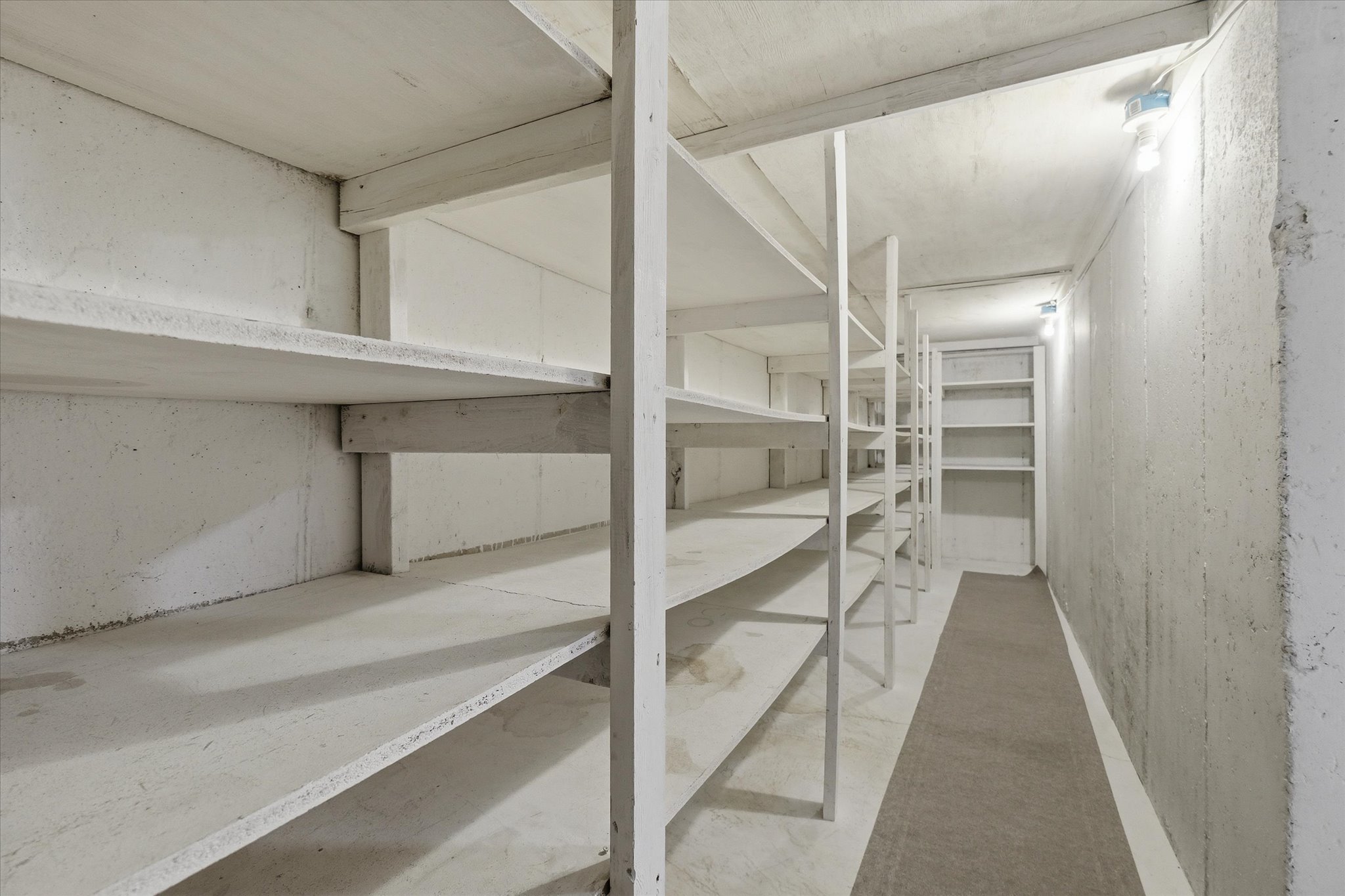 Extensive storage area featuring multiple runs of built-in shelving, concrete walls, concrete flooring, and overhead lighting