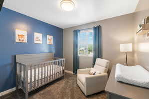 Carpeted room featuring a single window with blinds, a ceiling-mounted light fixture, and two-toned paint