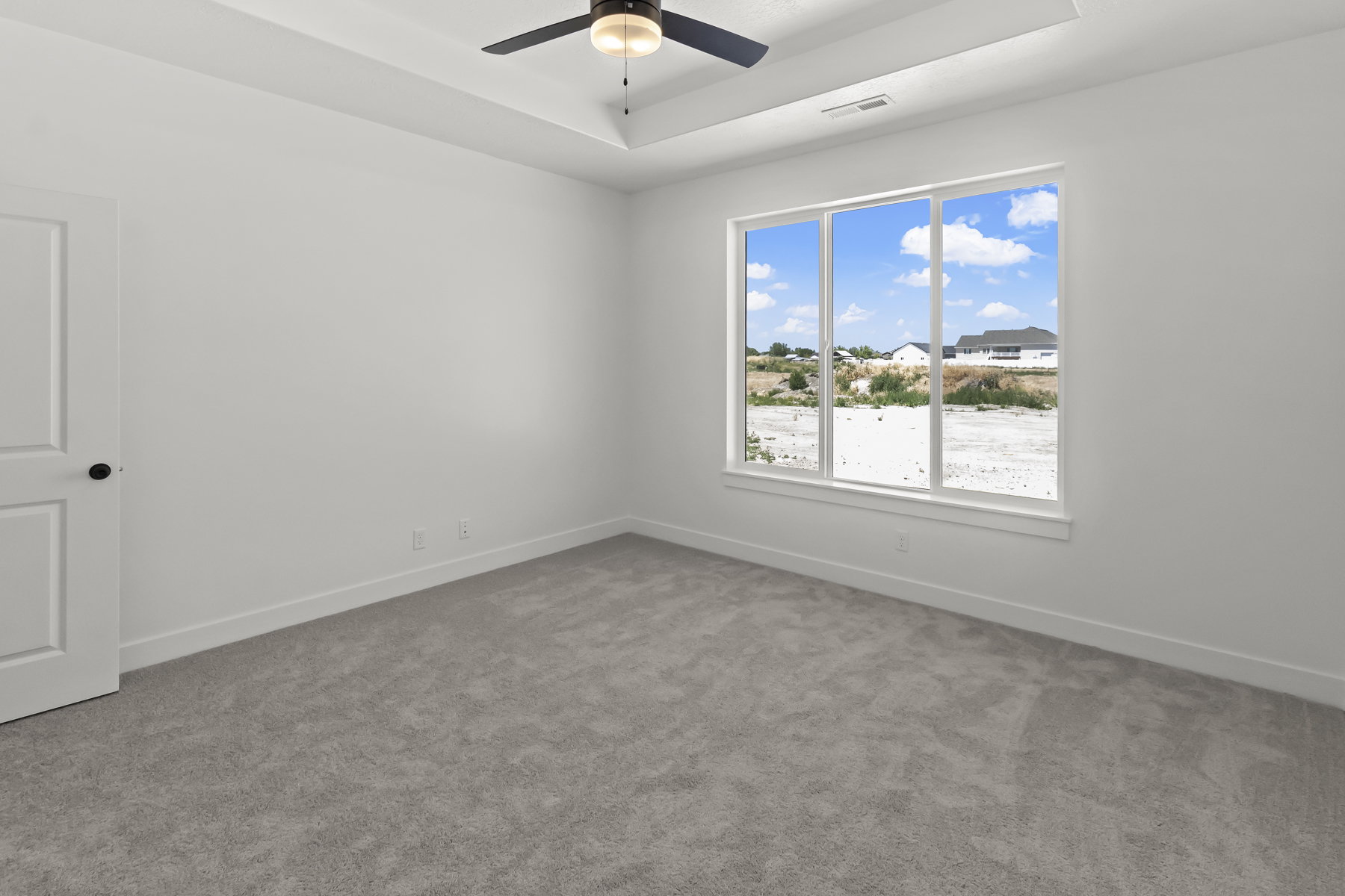 Primary Suite with large window & decorative tray ceiling.