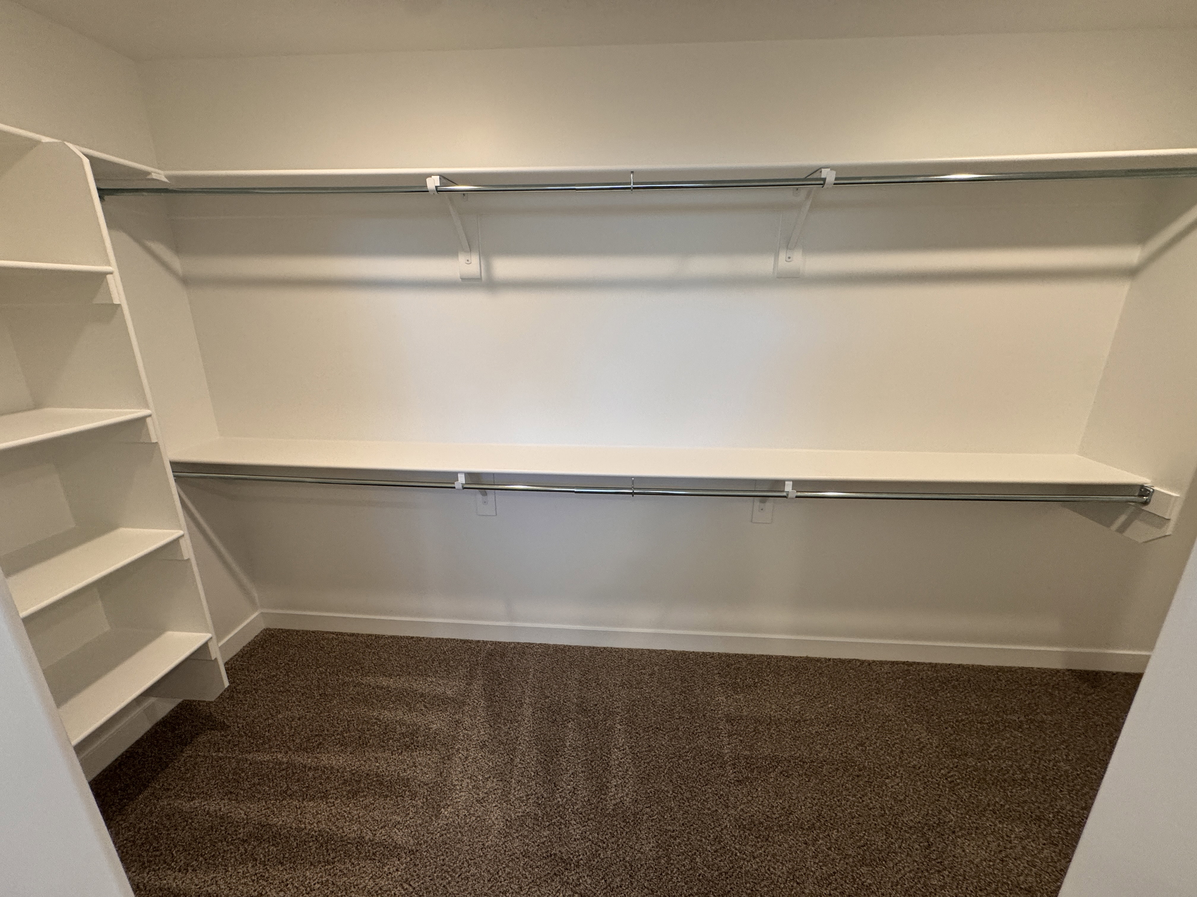 Walk-in closet featuring built-in shelving, two levels of hanging rods, and plush carpet flooring