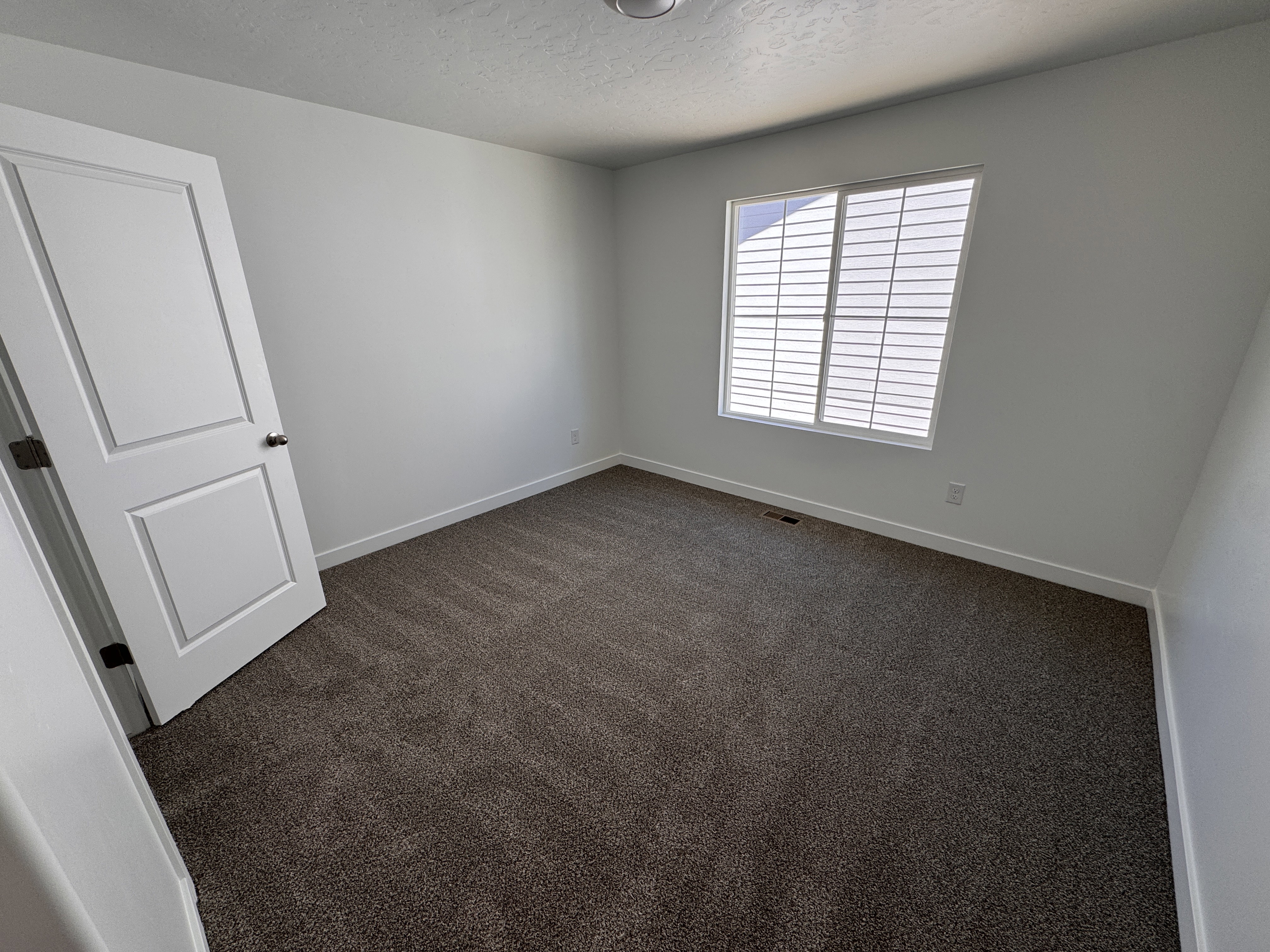 Neutral color palette with white walls, brown carpet, and a white interior door