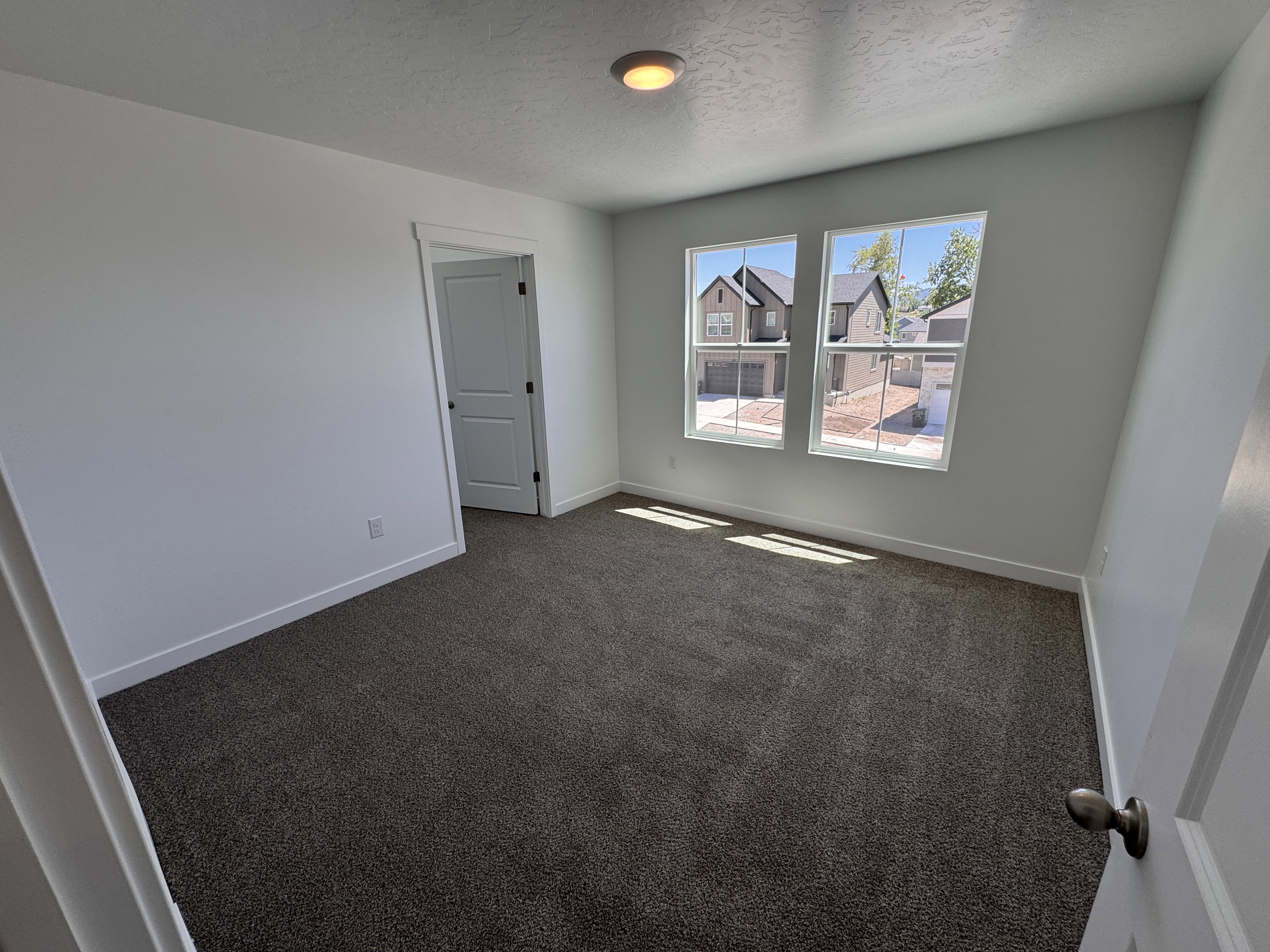 Carpeted room featuring two prominent windows, white trim, and a flush-mount ceiling light fixture