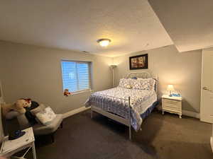 Carpeted room featuring a white interior door, a single window with blinds, and neutral wall paint