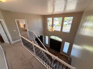 Two-story foyer featuring wood-finish flooring, a chandelier, and an arched transom window above the entry door