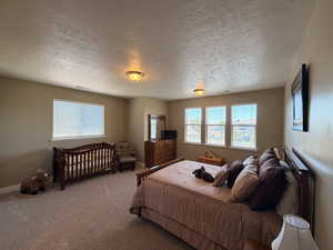 Spacious room featuring carpeting, multiple windows with blinds, and flush-mount lighting fixtures