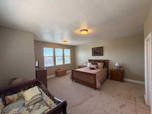 Spacious room featuring multiple windows with blinds, neutral wall tones, and textured ceiling