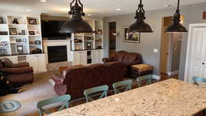 Built-in shelving flanking a central fireplace with stone surround