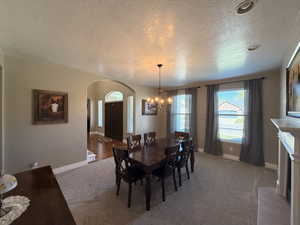 Spacious dining area featuring neutral carpeting, a chandelier, and two large windows