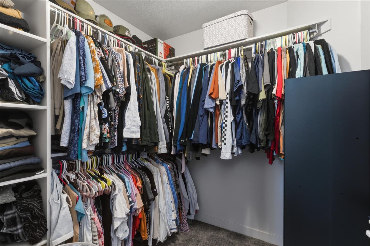 Walk-in closet featuring white built-in shelving, multiple hanging rods, and a carpeted floor