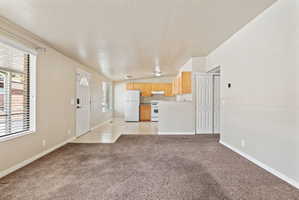 Open-concept living space featuring neutral carpet and a white entry door with a decorative glass insert