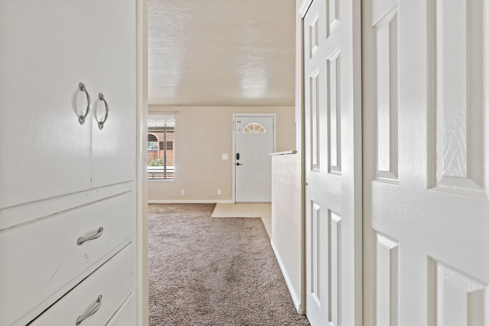 Entryway featuring white six-panel doors, built-in storage cabinetry with decorative pulls, and carpeting