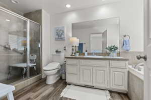 Spacious bathroom featuring wood-finish flooring, a glass-enclosed shower with tiled walls, and a large vanity with a single basin sink and ample storage