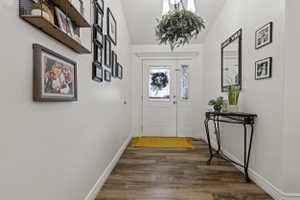 Entryway featuring wood-finish flooring, white baseboards, and a double entry door with decorative glass inserts