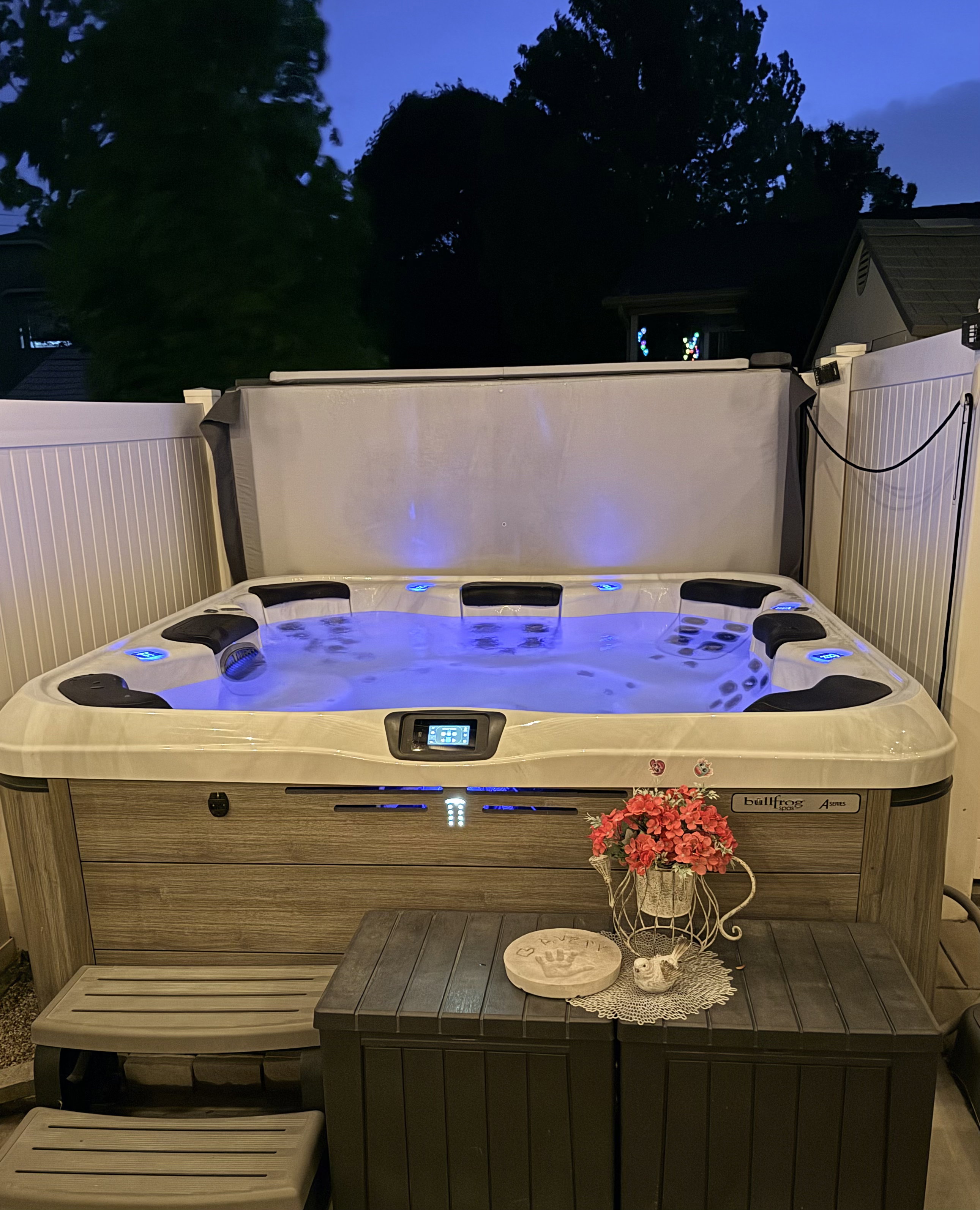 Freestanding hot tub featuring built-in seating, integrated lighting, and a wood-finish exterior